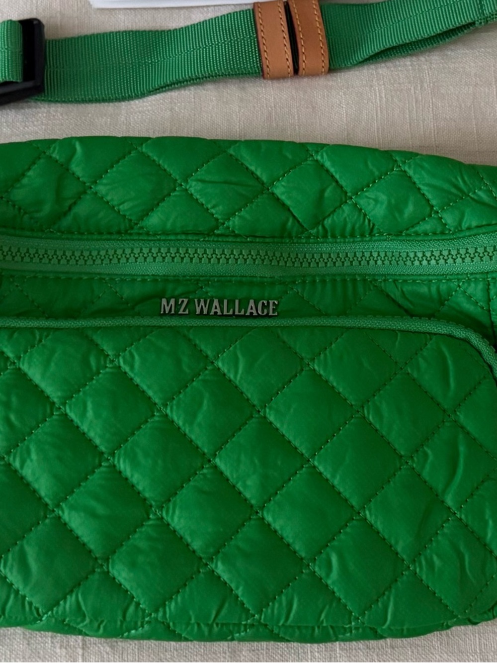 MZ Wallace Quilted Nylon Waist Bag in Green with Tan Accent